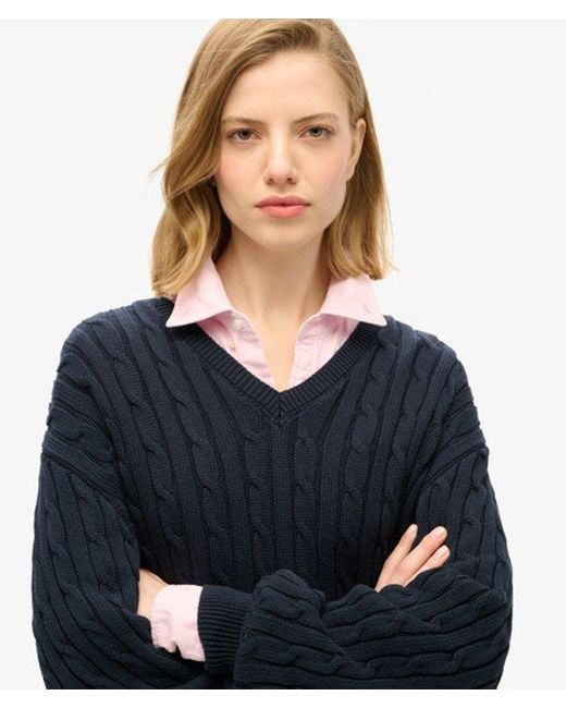 Superdry Blue & Co Ladies Lightweight Cable Knit Oversized V Neck Jumper