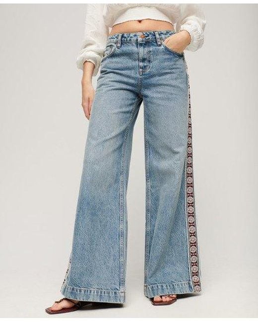 Superdry Blue Wide Leg Flare Boho Tape Jeans