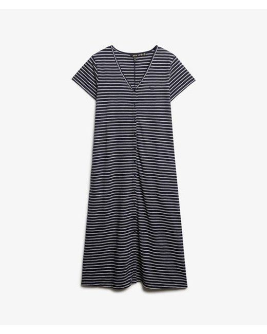 Superdry Blue Cotton Short Sleeve Button Through Jersey Midi Dress