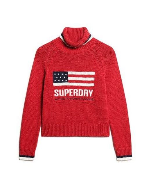 Superdry Red Americana Roll Neck Knit Jumper