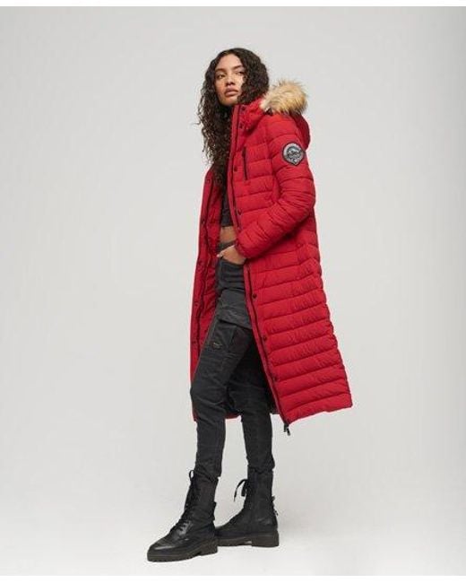 Superdry Red Fuji Hooded Longline Puffer Coat