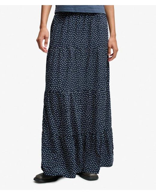Superdry Blue Woven Tiered Maxi Skirt