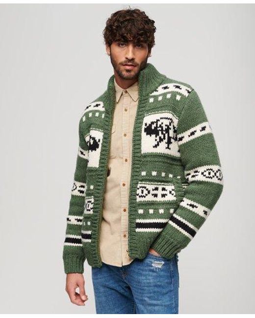 Superdry Green Chunky Knit Patterned Zip Through Cardigan for men