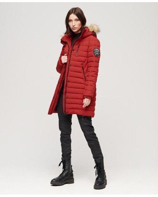 Superdry Red Fuji Hooded Mid Length Puffer Coat