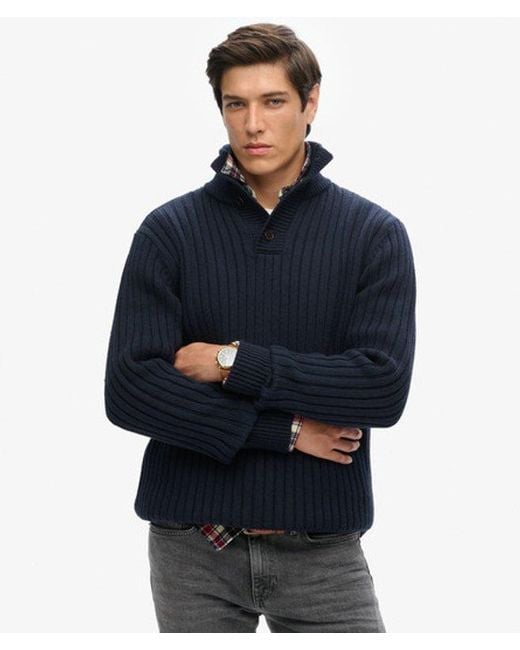 Superdry Blue Ribbed Half Button Jumper for men