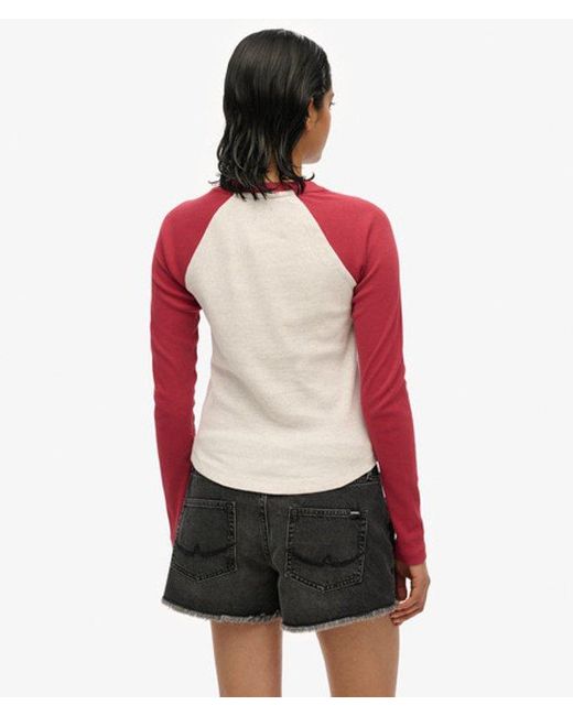 Superdry Red & Co Essential Logo Ribbed Baseball Long Sleeve Top