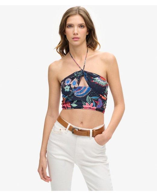 Superdry Kort Geweven Topje Met Uitsnijdingen in het Blue