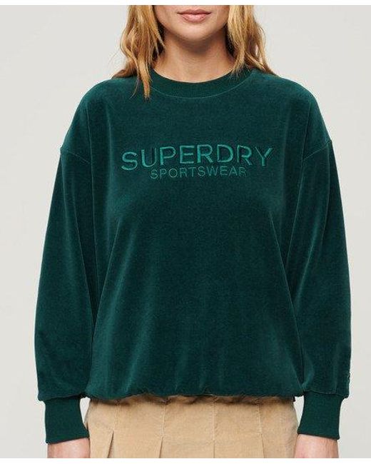 Superdry Green Ladies Boxy Fit Graphic Embroidered Velour Crew Sweatshirt