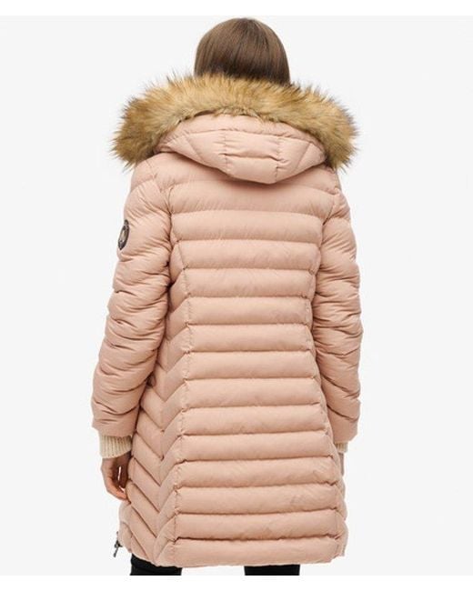 Doudoune mi-longue à capuche en fourrure synthétique Superdry en coloris Natural