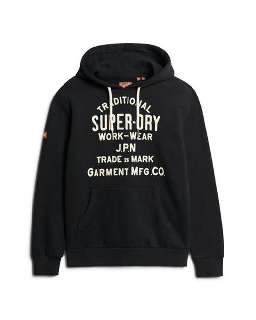 Superdry Black Classic Workwear Flock Graphic Hoodie for men