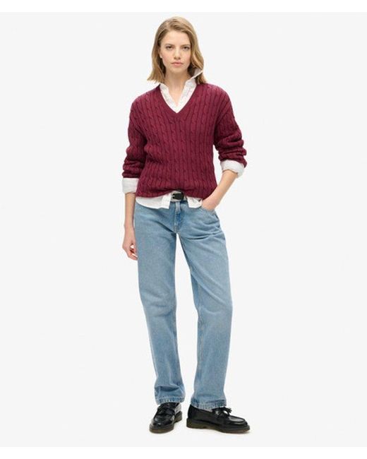 Superdry Red & Co Ladies Lightweight Cable Knit Oversized V Neck Jumper