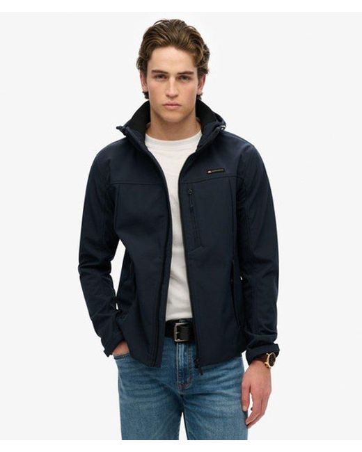 Superdry Blue & Co Lightweight Embroidered Logo Hooded Soft Shell Trekker Jacket for men