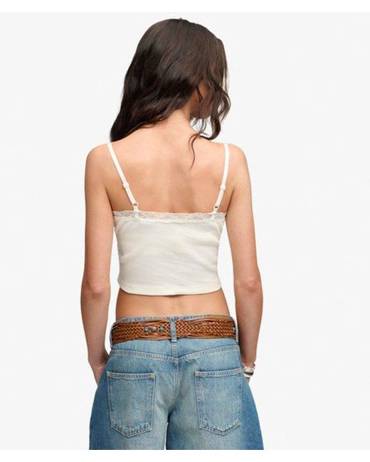 Superdry White Athletic Essentials Lace Trim Cropped Cami Top