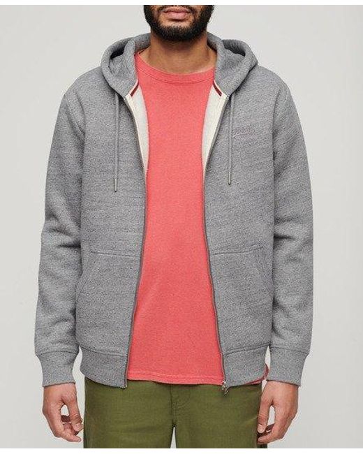 Superdry Gray Classic Logo Embroidered Essential Zip Hoodie for men