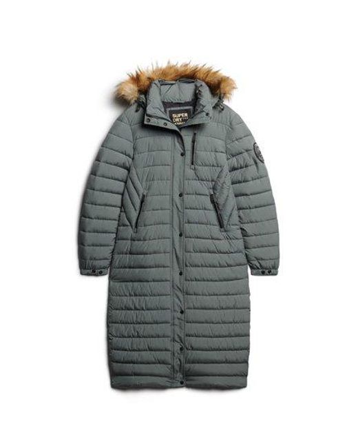 Superdry Green Quilted Fuji Hooded Longline Puffer Coat