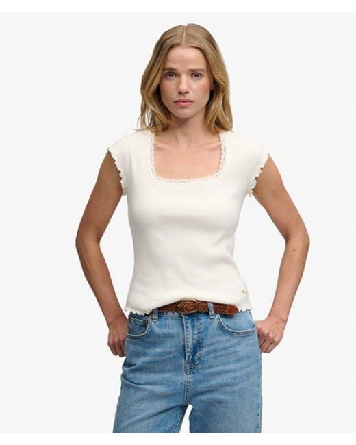 Superdry White & Co Slim Fit Ribbed Essential Square Neck Short Sleeve T Shirt