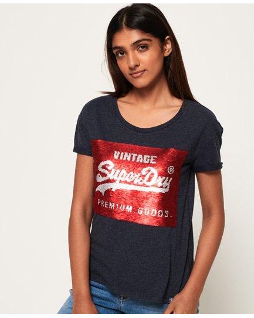 Superdry Blue Premium Sequin Slim Boyfriend T-Shirt Marl