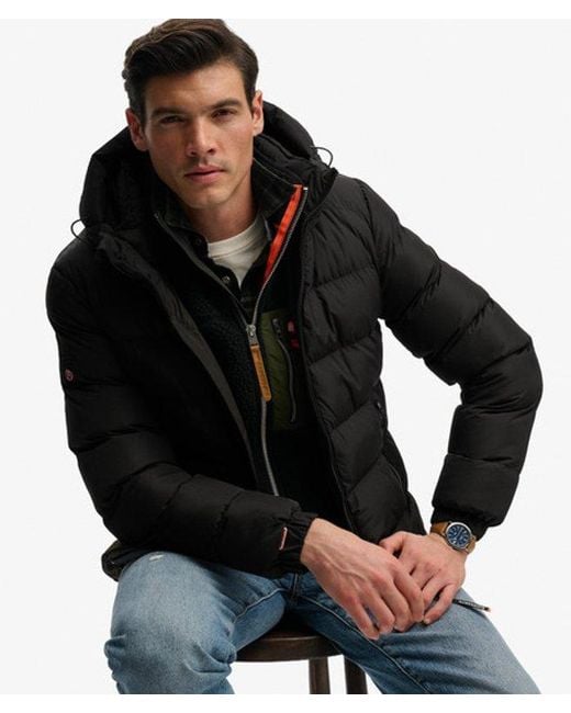 Superdry Black & Co Classic Embroidered Logo Hooded Sports Puffer Jacket for men