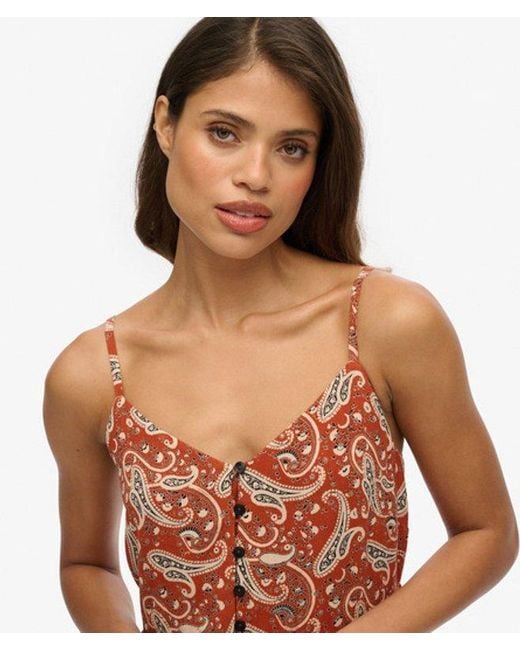 Superdry Brown Paisley Print Half Button Tiered Midi Dress
