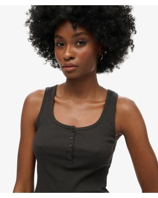 Superdry Black & Co Ladies Slim Fit Ribbed Athletic Essentials Button Down Vest Top