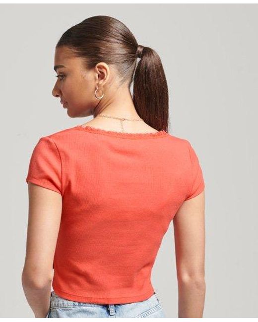 Superdry Red Vintage Button Top Summer Coral Marl