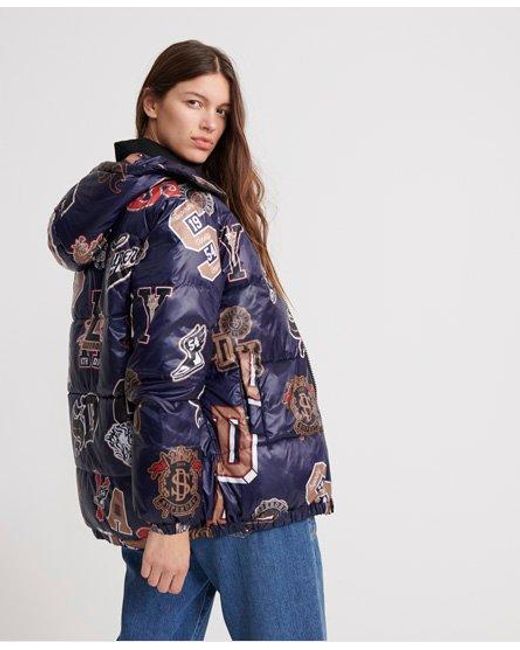 Superdry Blue All Over Print Varsity Reversible Puffer Jacket Aop