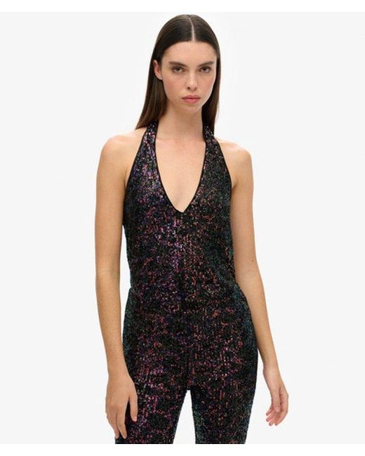 Superdry Blue Sequin Halter Jumpsuit