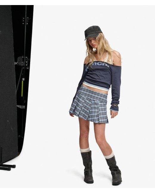 Superdry Blue Bench X & Co Bench Logo Pleated Check Mini Skirt