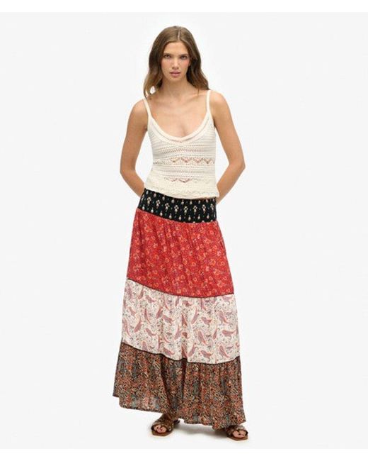 Superdry Red Printed Maxi Skirt