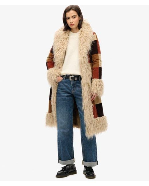 Superdry Brown & Co Patchwork Long Afghan Coat