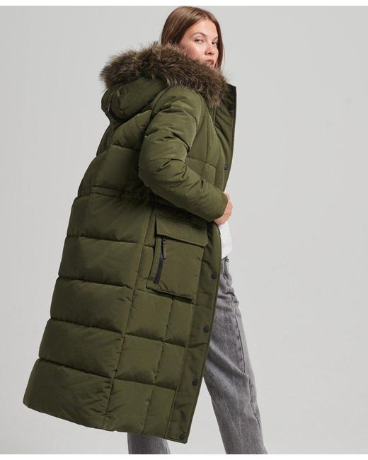 Superdry Longline Faux Fur Everest Coat Green XS Woman