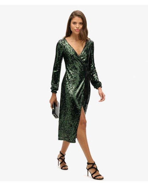 Superdry Green & Co Fully Lined Sequin Wrap Maxi Dress