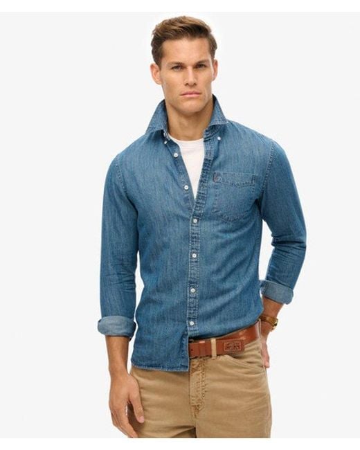 Superdry Blue Essential Long Sleeve Denim Shirt for men