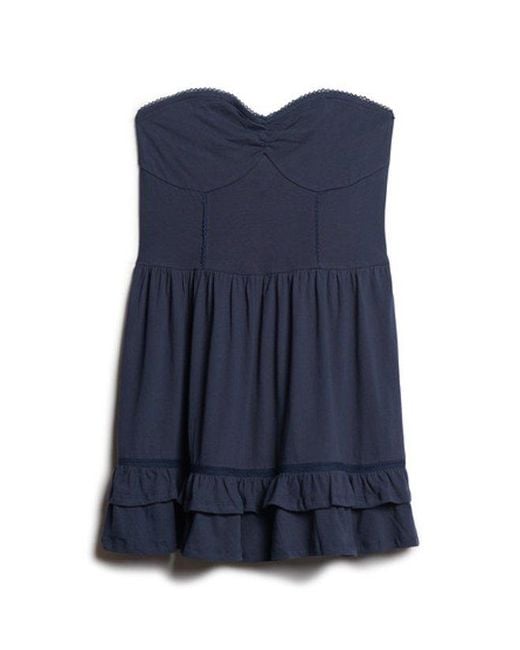 Superdry Blue Cotton 50s Lace Detail Detail Slim Fit Ruffle Bandeau Mini Dress