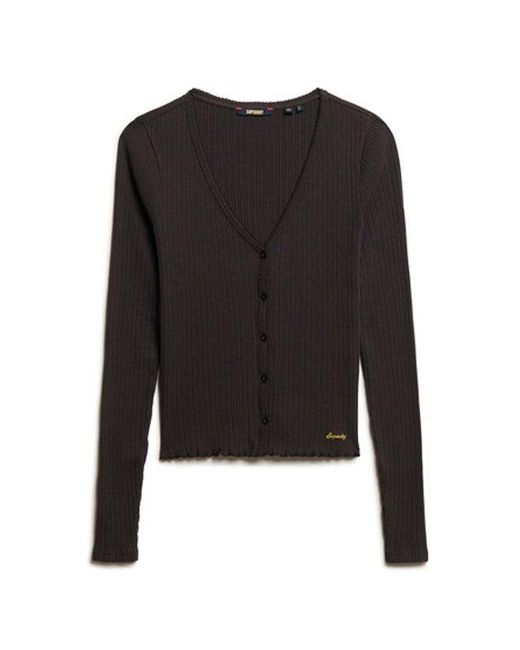 Superdry Black Ladies Slim Fit Ribbed Essential Button Through Long Sleeve Top