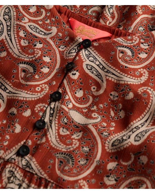 Superdry Brown Paisley Print Half Button Tiered Midi Dress