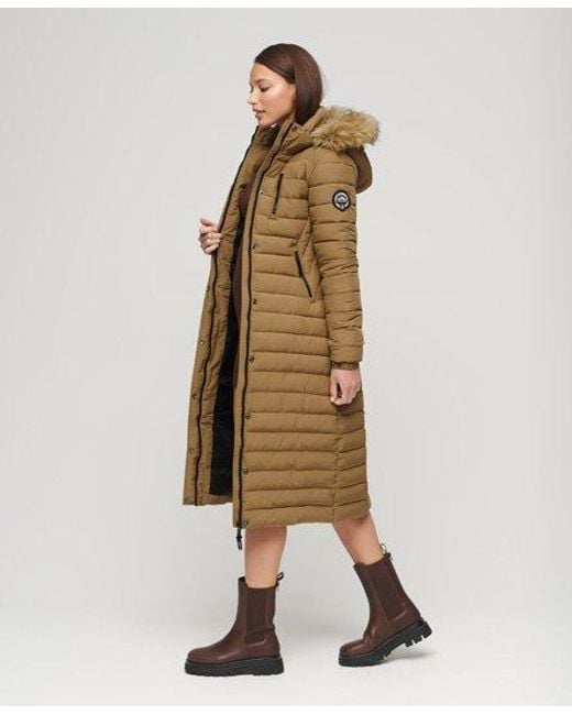 Superdry Natural Faux Fur Hooded Longline Light Padded Puffer Coat
