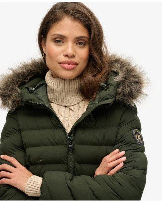 Superdry Halflange Fuji-pufferjas Met Capuchon Met Imitatiebont in het Green