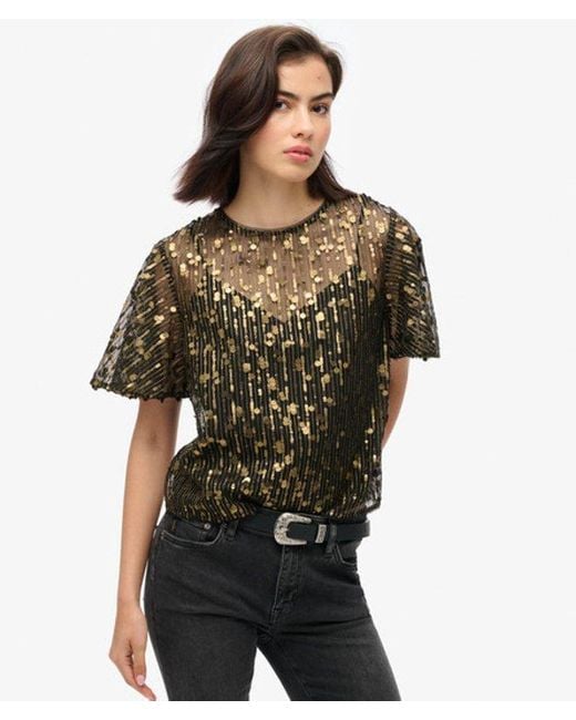 Superdry Black Sheer Short Sleeve Sequin Top