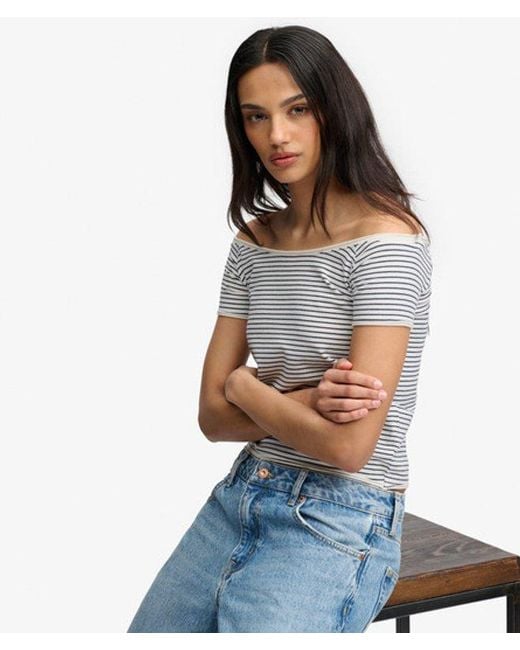 Superdry Blue Bardot Short Sleeve Off Shoulder Top
