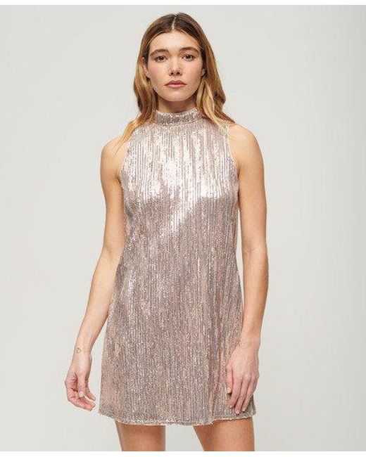 Superdry Natural Sleeveless Sequin A Line Mini Dress