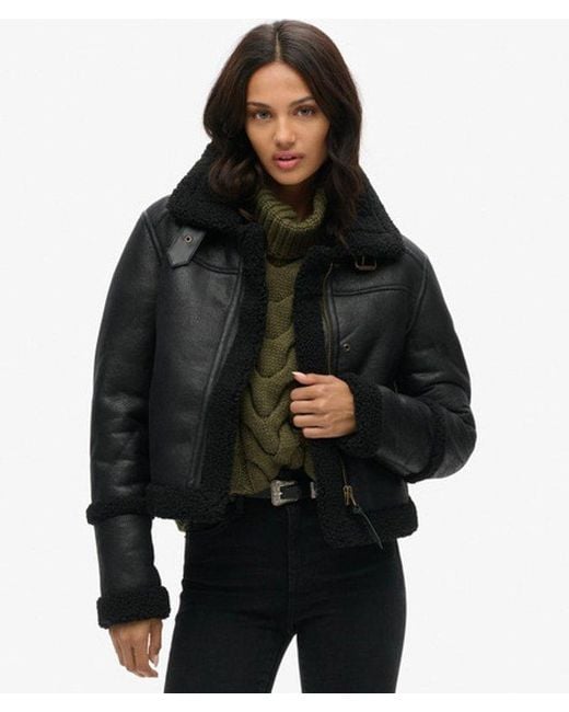 Superdry Black & Co Faux Shearling Cropped Aviator Jacket