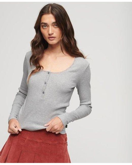 Superdry Gray Ribbed Long Sleeve Henley Top