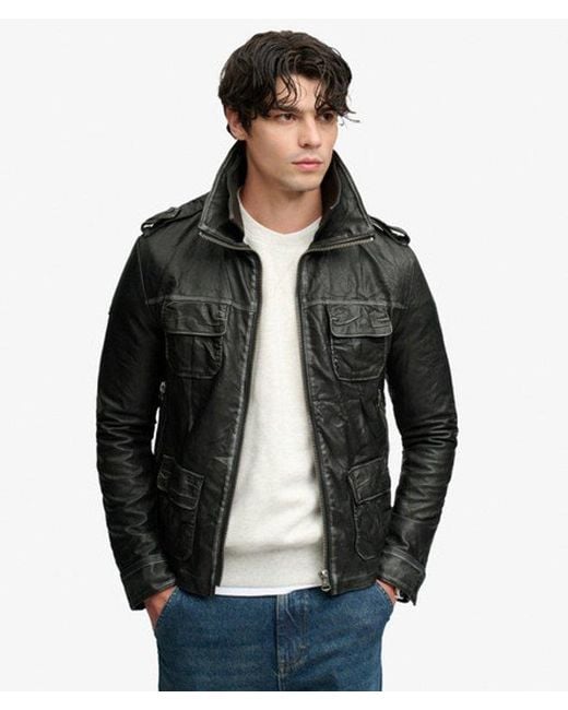 Superdry Black Brad Faux Leather Military Jacket for men