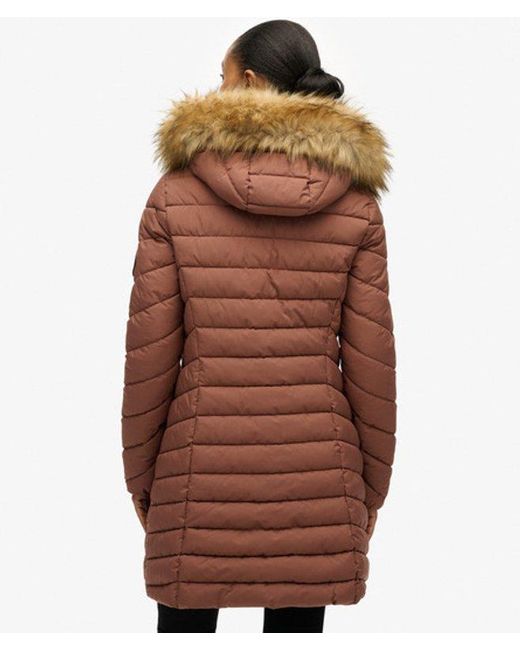 Superdry Brown & Co Fuji Faux Fur Hooded Mid Length Coat