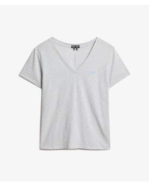 Femme Coton Logo Brodé Flammé T Shirt À Col En V, Bleu & Blanc Superdry en coloris White