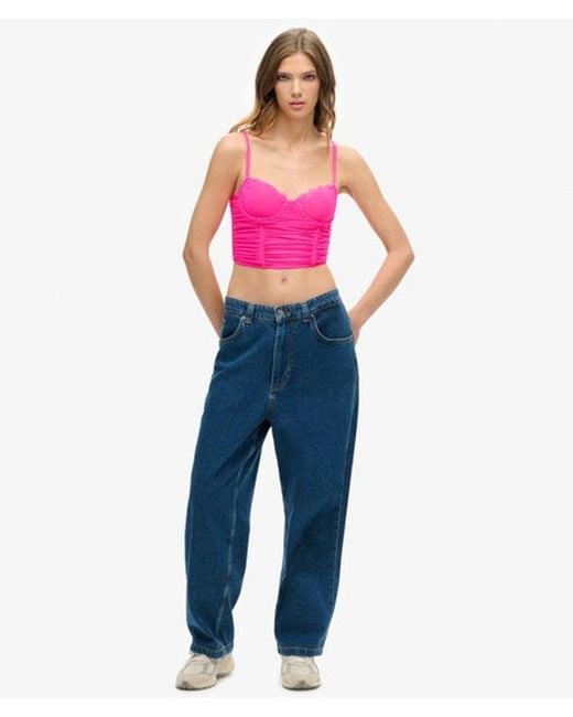 Superdry Pink Lace Ruched Mesh Crop Corset Top
