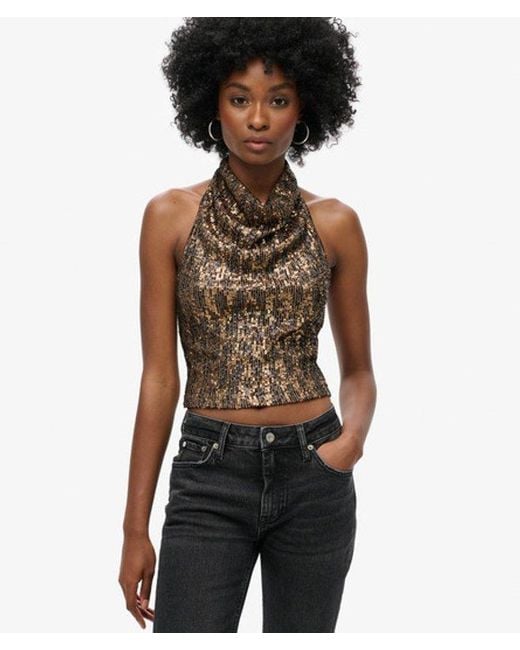 Superdry Black Cowl Halter Neck Sequin Top