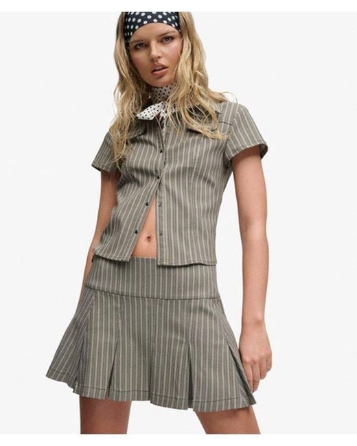Superdry Gray Bench X & Co Bench Logo Pleated Stripe Mini Skirt
