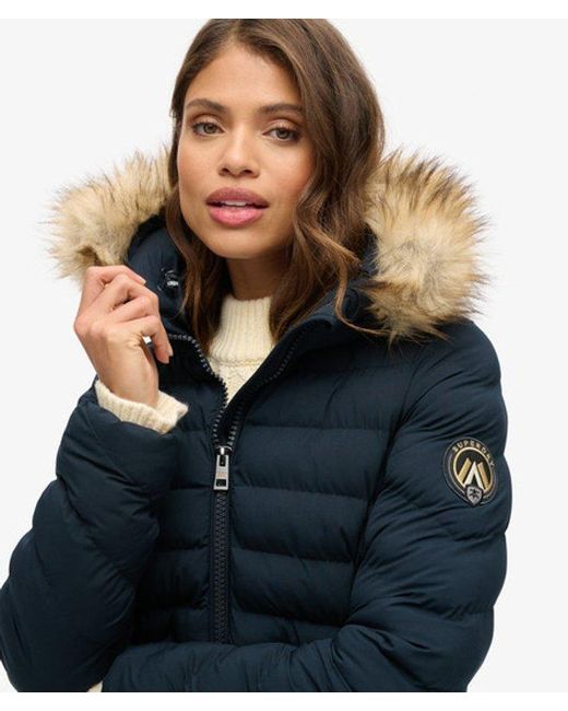 Superdry Blue & Co Slim Fit Logo Patch Fuji Faux Fur Hood Mid Length Puffer Coat